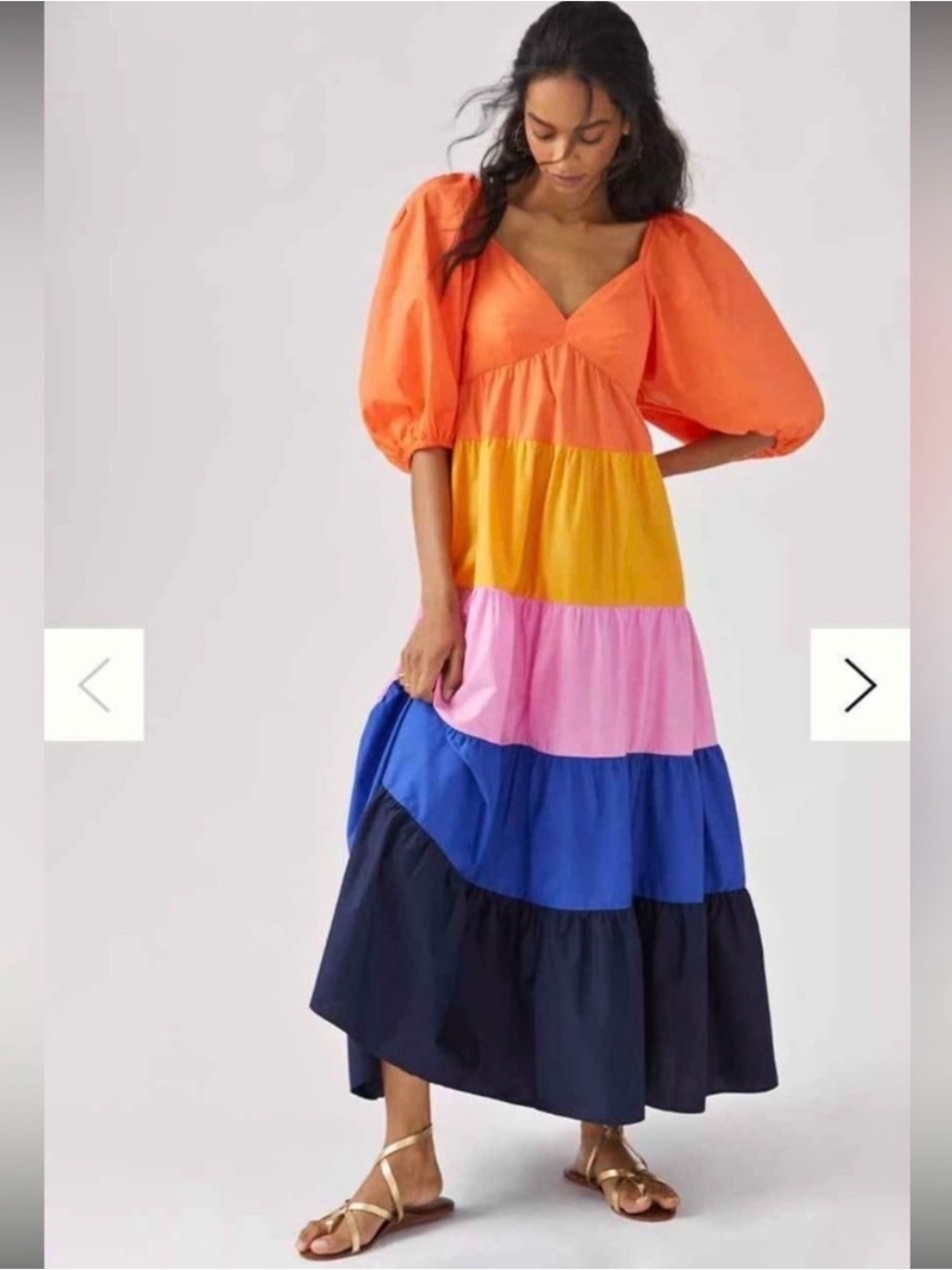 FARM Rio Puff-Sleeve Colorblock Tiered Maxi — Orange, Yellow, Pink & Blue